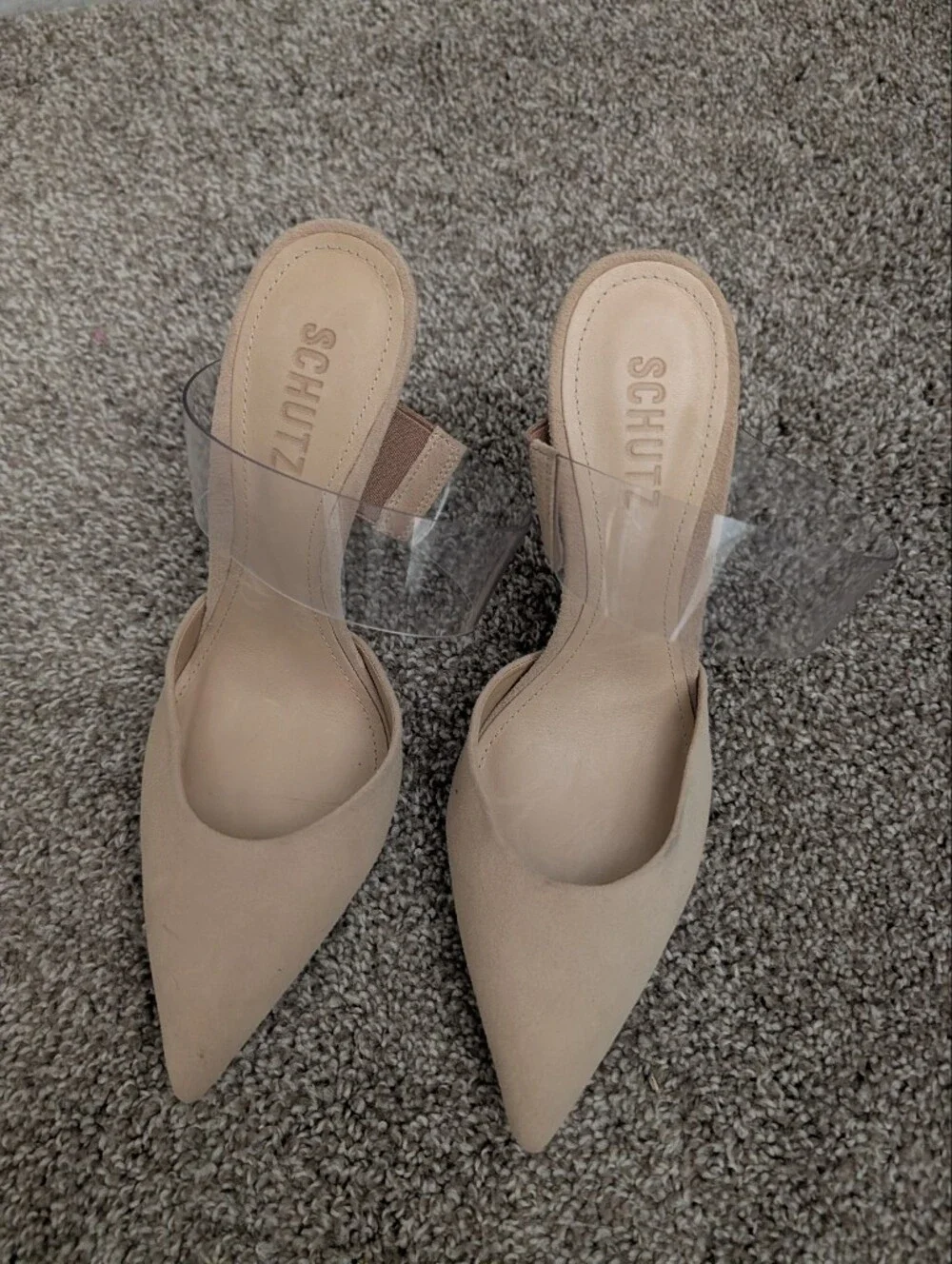 SCHUTZ Nude Pointed-Toe Pumps with Clear Strap - Picture 1 of 3